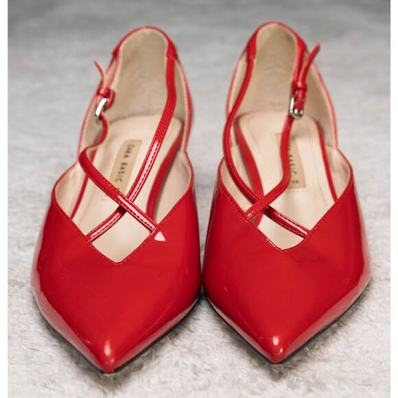 Zara Collection Red Faux Patent Leather Kitten Heels Buckle Womens EU 38 US 7 - Picture 10 of 15